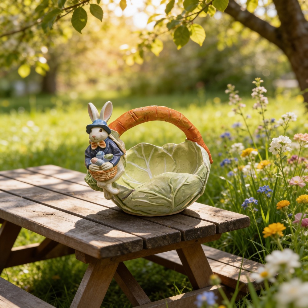 Easter Bunny Cabbage Leaf Basket Carrot Handle Resin Candy Dish Spring Decor